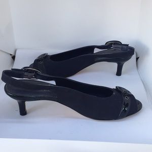 Vaneli Navy Blue faux suede sling backs.